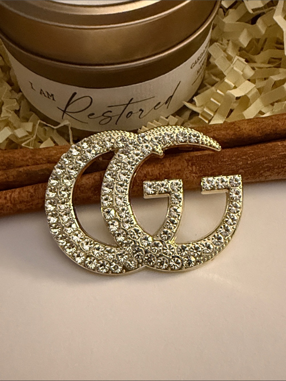 Crystal Double-G Style Brooch - Gold Tone with Clear Rhinestones